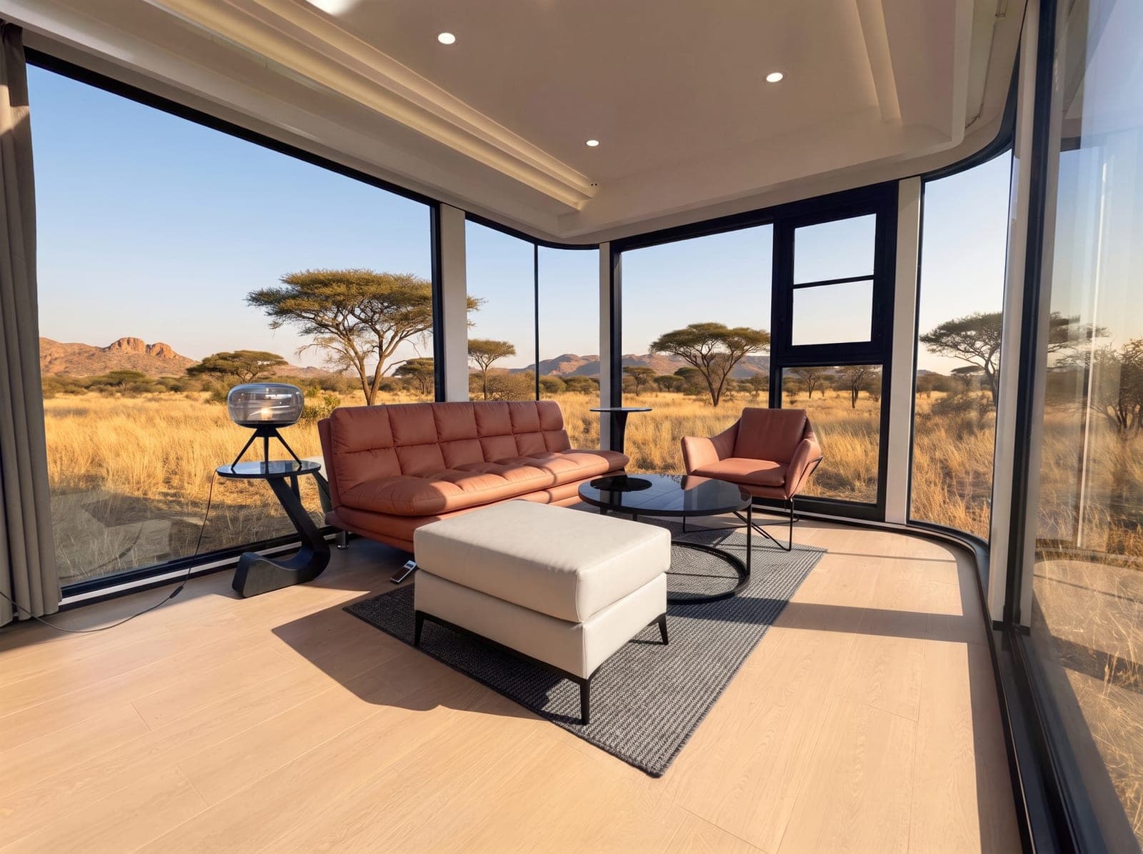 Lounge inside a Glamping Capsule with a tan leather sofa and armchair, wraparound glazing overlooking golden bushveld grass.