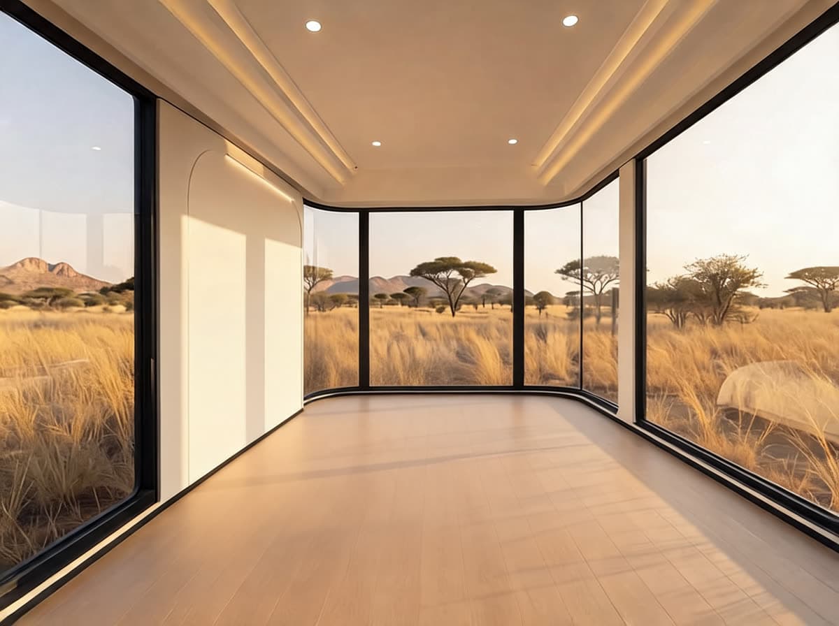 Bare empty Glamping Capsule interior with panoramic floor-to-ceiling glass, pale timber floor and the bushveld beyond.