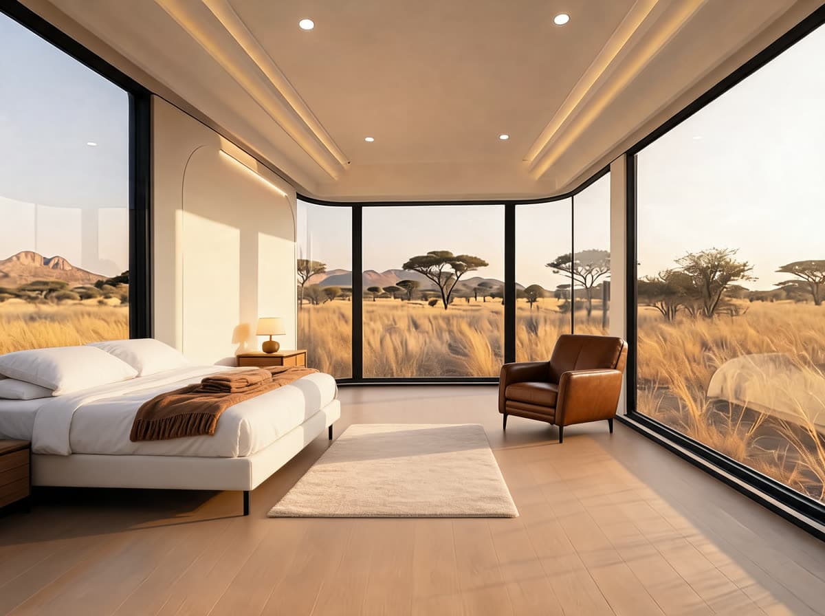 Furnished Glamping Capsule with a queen bed, bedside lamp, rug and leather armchair in the same capsule shell.