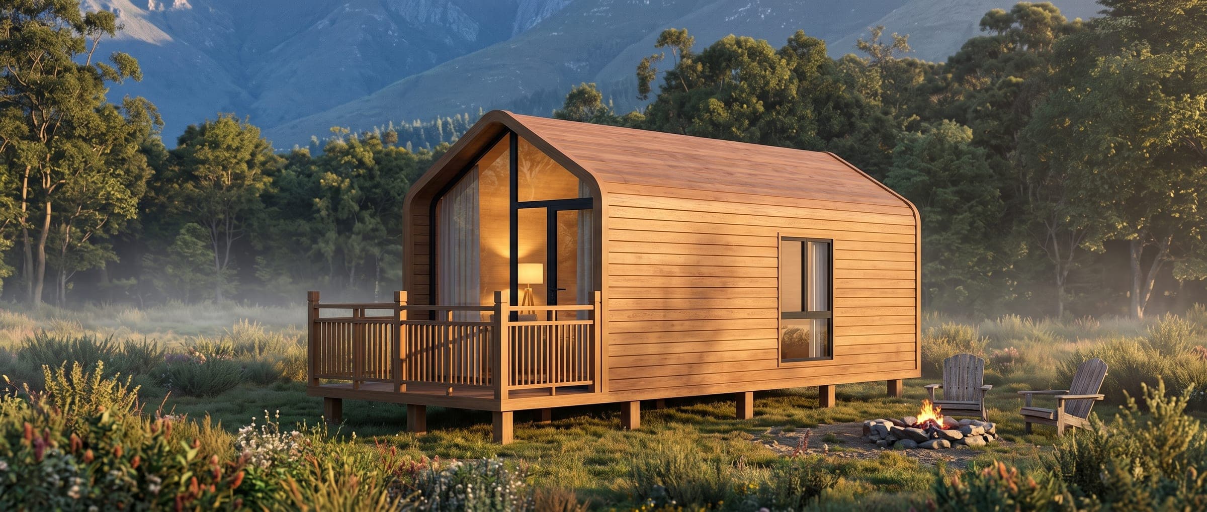 Nature Cabin with arched timber gable and glass front in a misty South African mountain meadow.