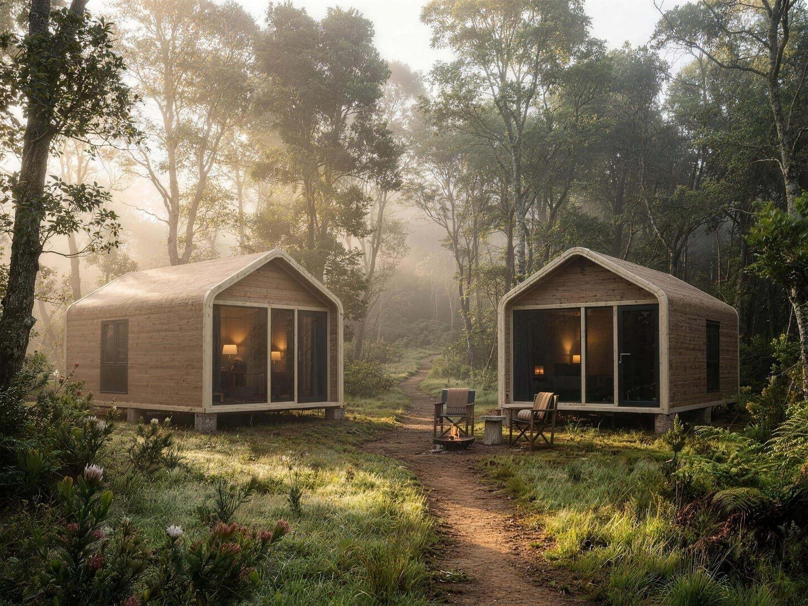Two Nature Cabins with glazed fronts and arched roof trim in a misty forest clearing at dawn.