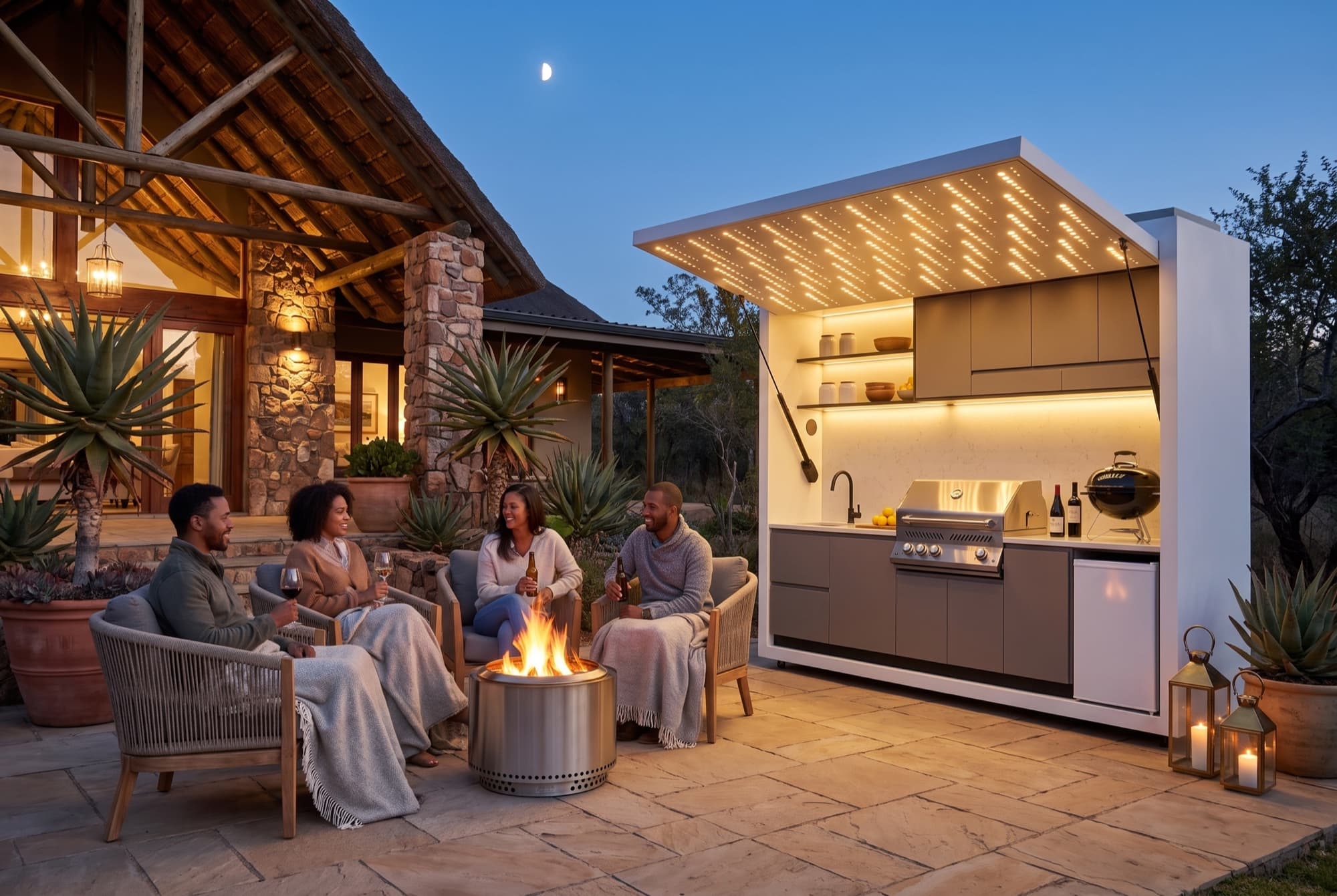 Evening fire pit gathering with an Outdoor Kitchen and kettle grill glowing in a bushveld garden.