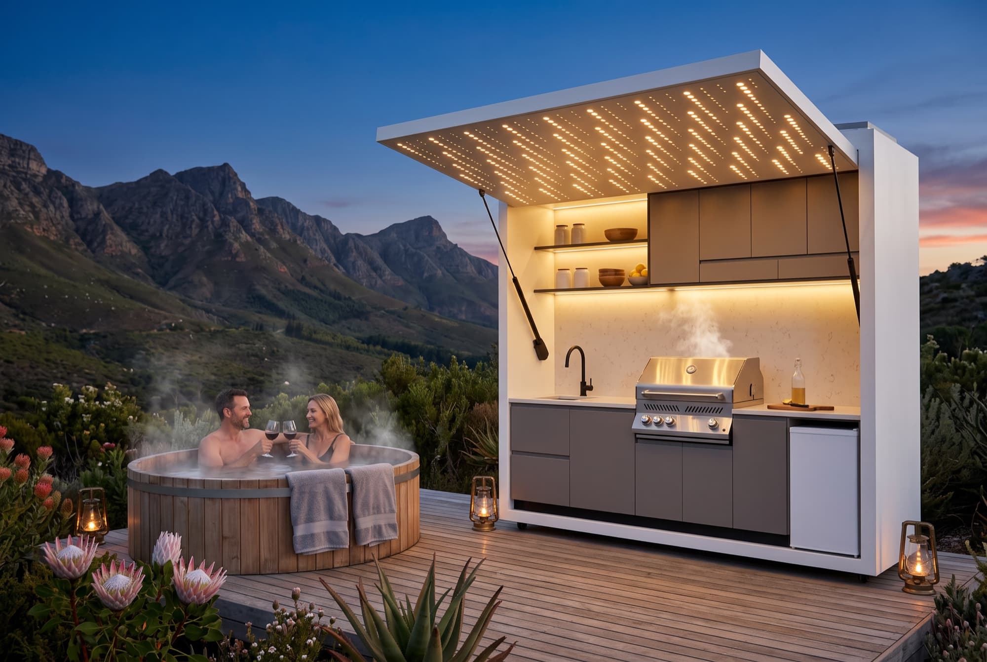 Couple in a hot tub beside a lit Outdoor Kitchen on a timber deck in the Cape mountains.