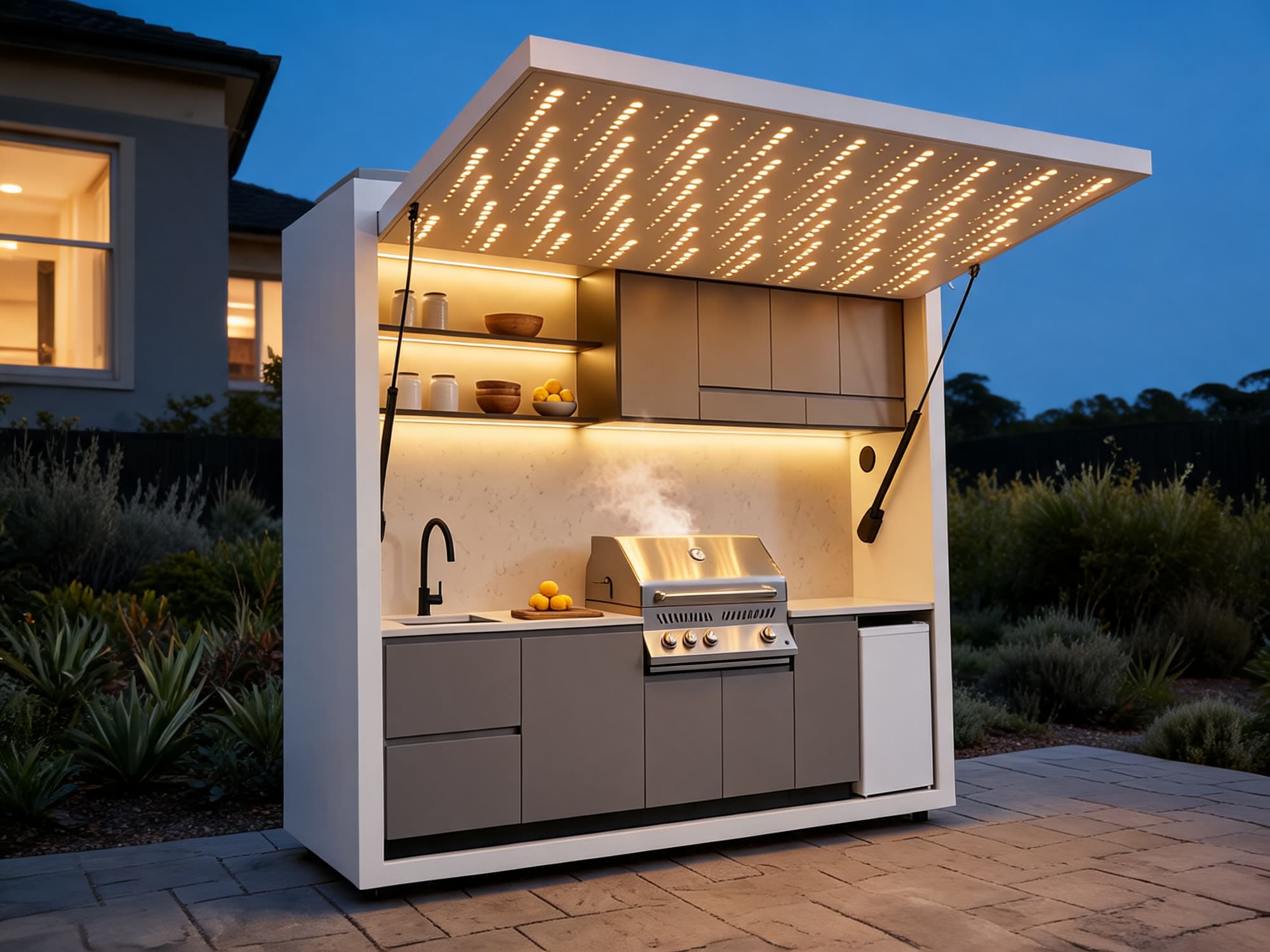Outdoor Kitchen with its LED canopy raised and the built-in gas braai lit, on a South African patio at dusk.