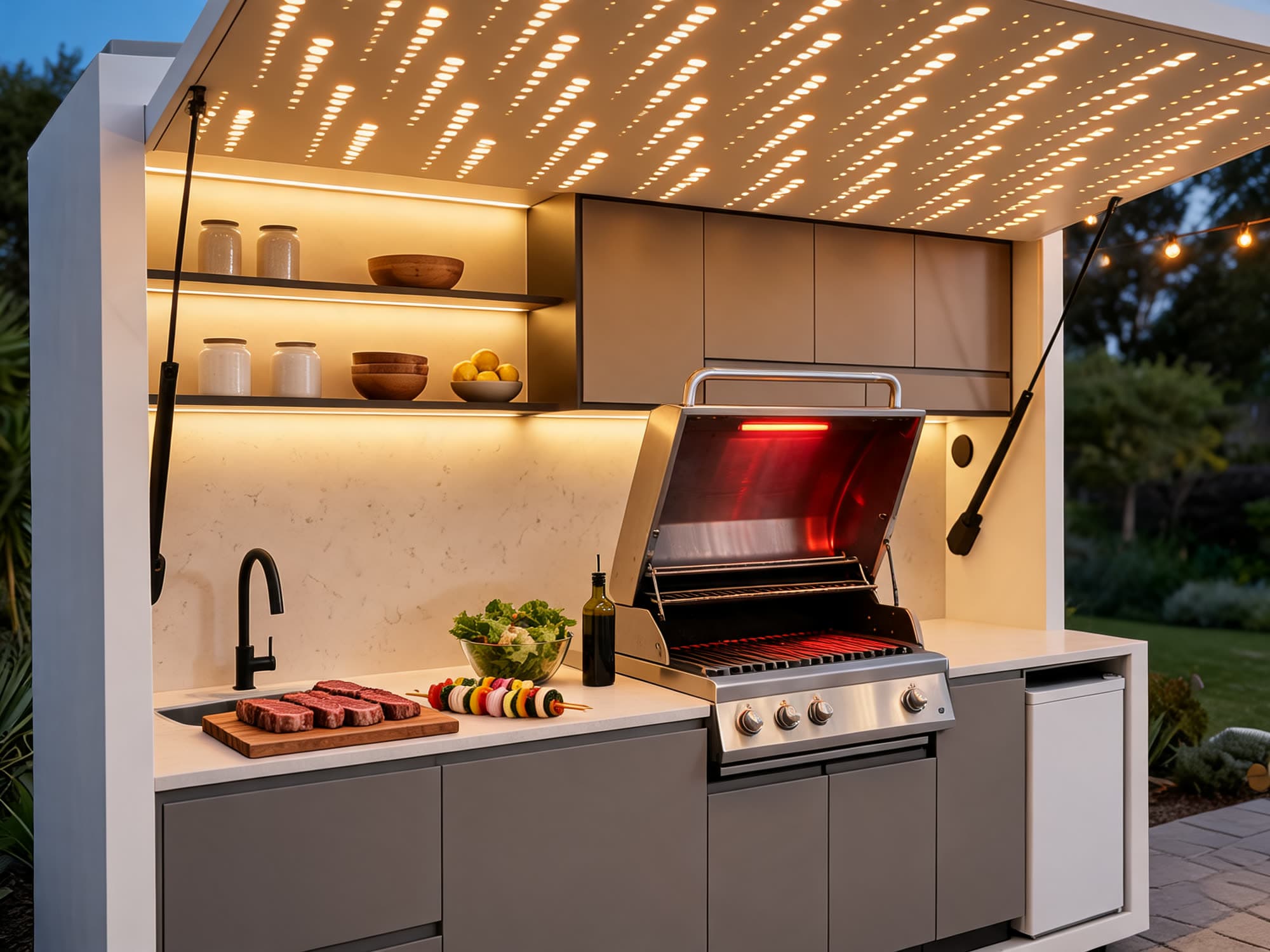 Steaks and vegetable skewers on the Outdoor Kitchen quartz counter, the built-in gas braai preheating behind.