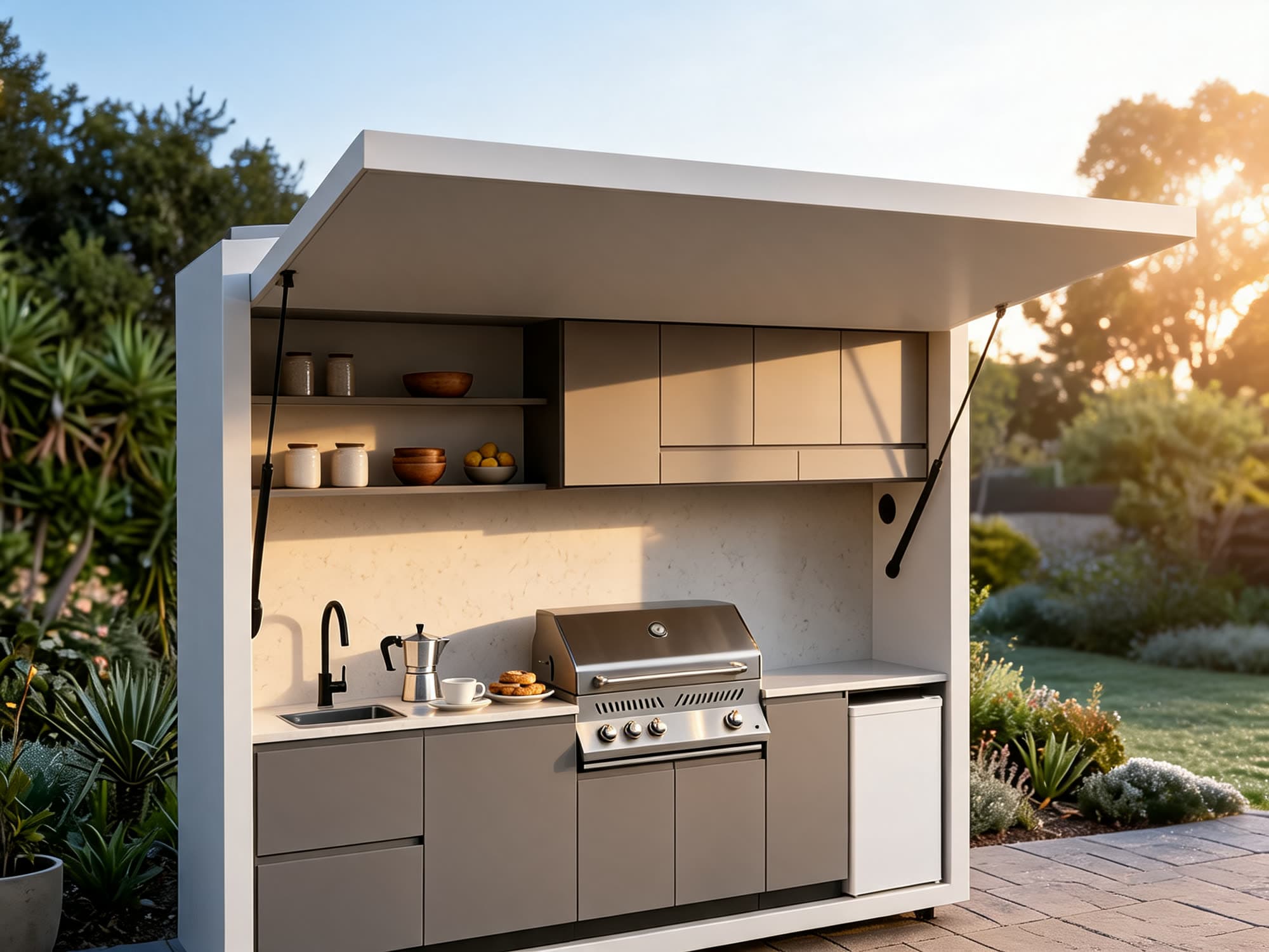 Espresso pot and cups on the Outdoor Kitchen quartz counter at sunrise in a South African garden.
