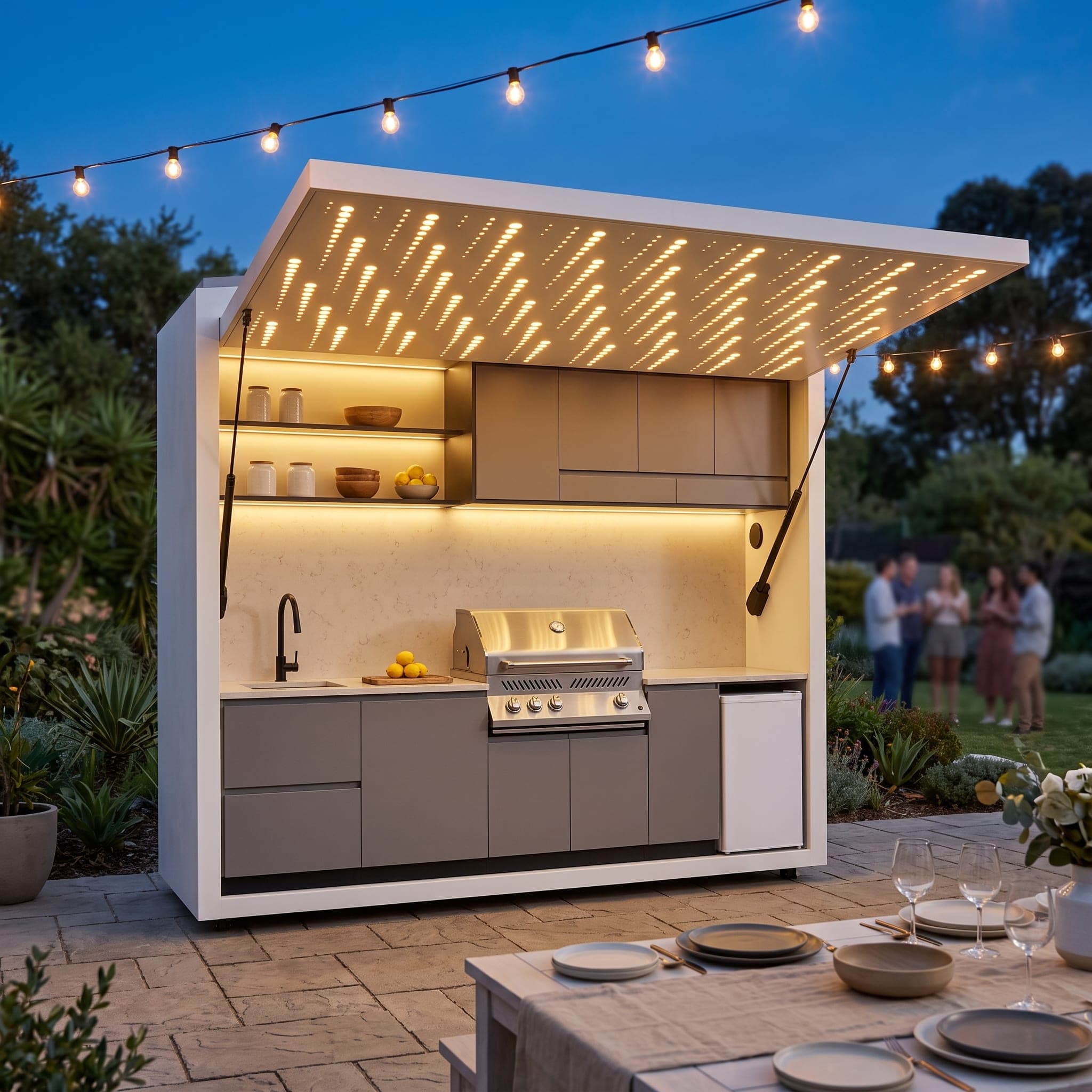 Open-front Outdoor Kitchen with its LED canopy raised, built-in stainless steel braai and grey cabinetry at dusk.