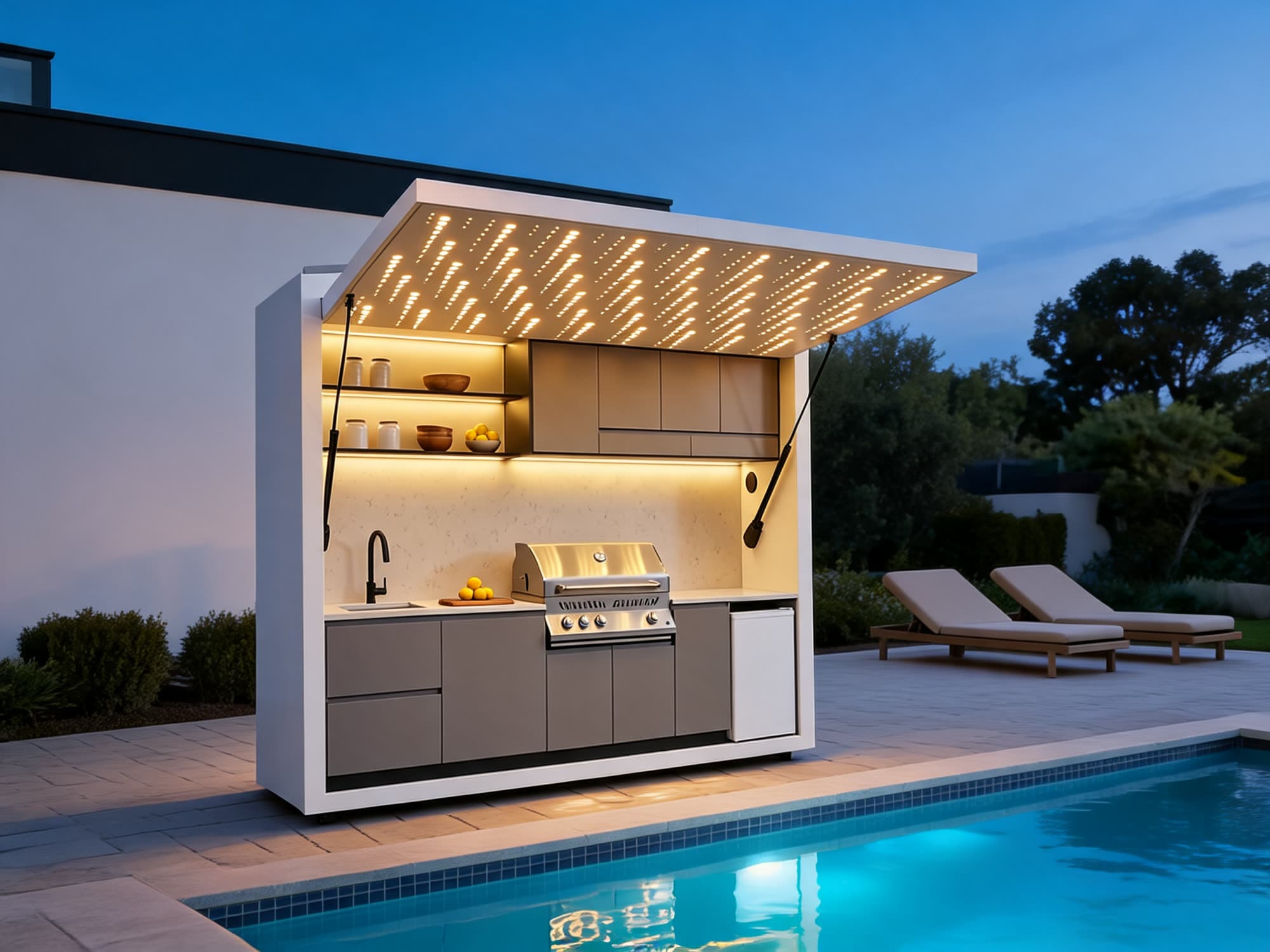 Outdoor Kitchen with lift-up LED canopy beside a swimming pool at blue hour, its lights reflecting in the water.