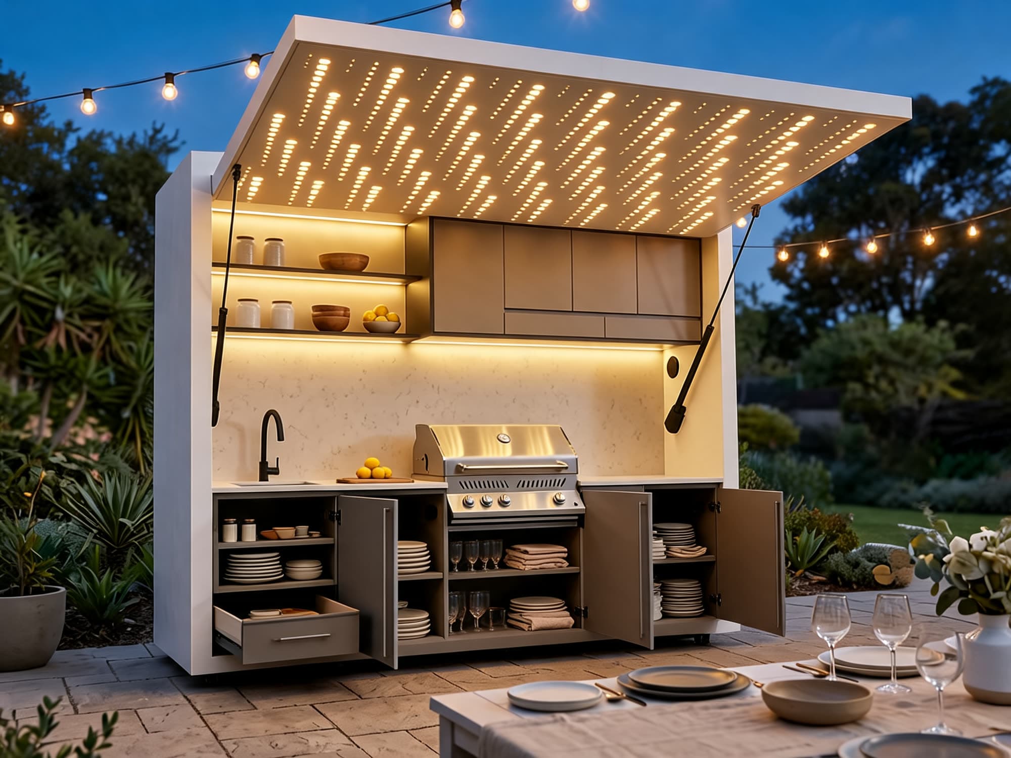 Outdoor Kitchen cabinets and drawer open, plates, glassware and linen stacked inside under the LED canopy at dusk.