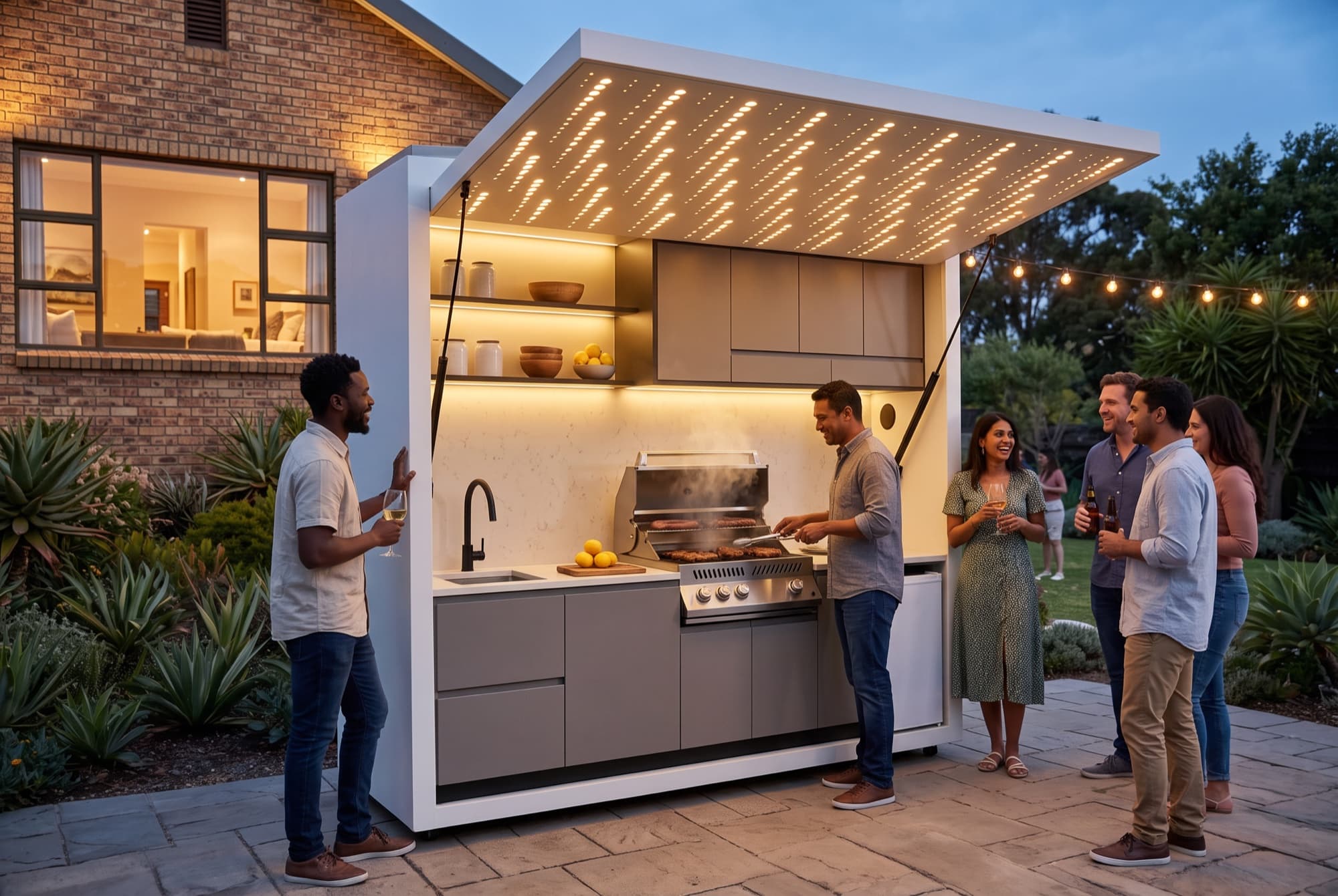 Friends gathered around an Outdoor Kitchen at a South African garden braai party at dusk.