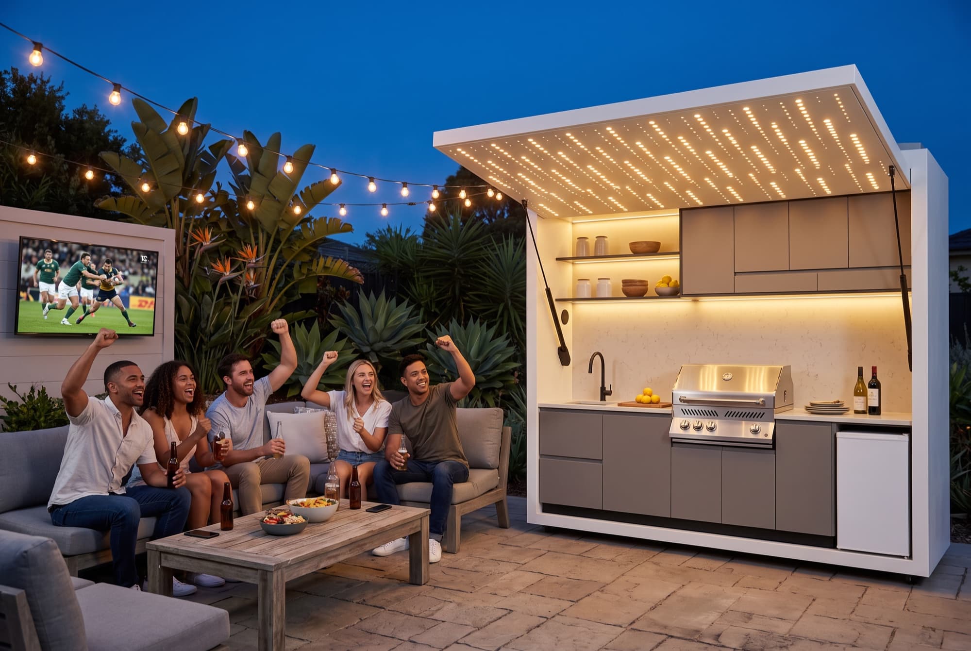 Friends watching the rugby on a patio with an Outdoor Kitchen lit behind them at dusk.