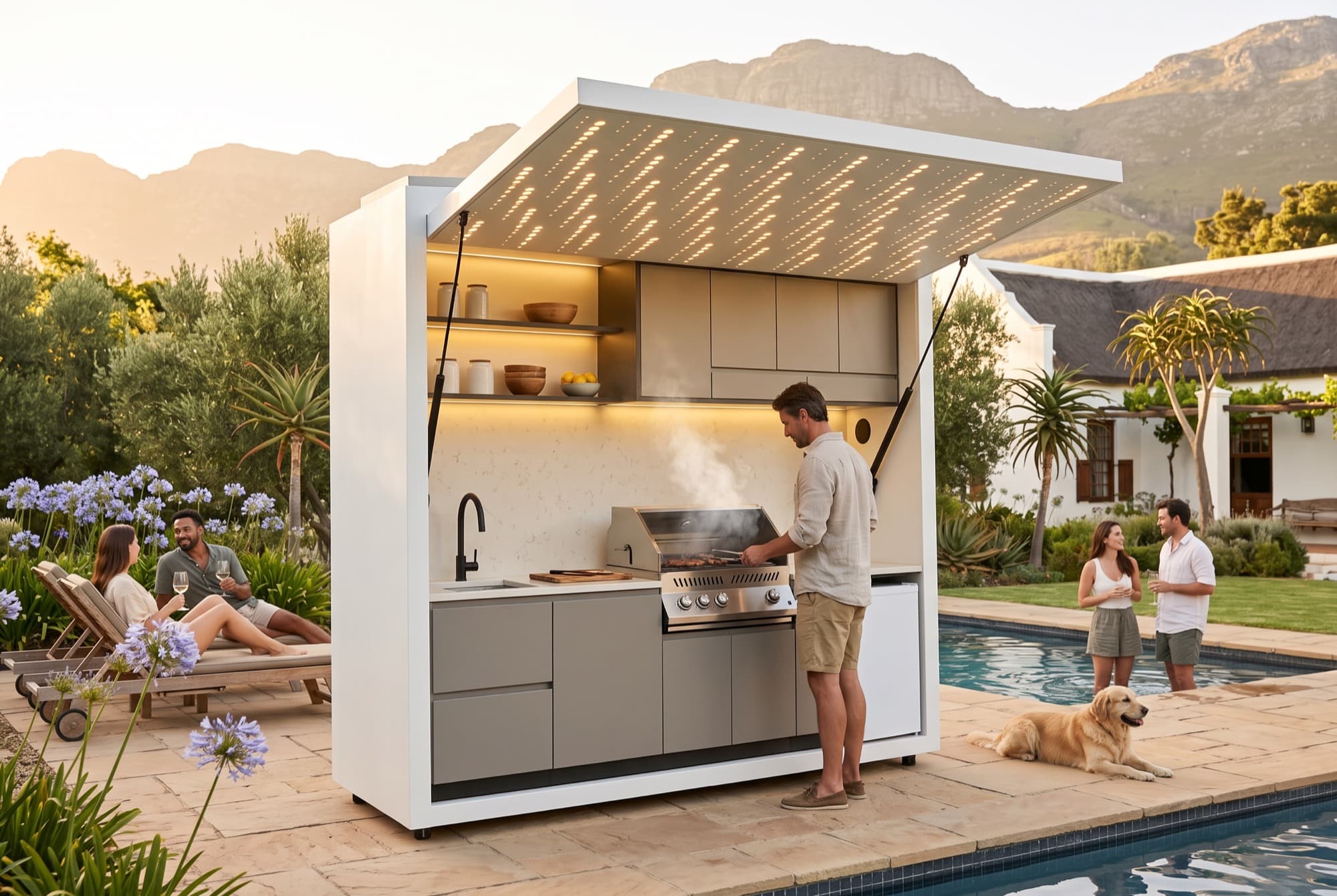 Poolside party beside an Outdoor Kitchen with its lift-up LED canopy raised and the gas braai in use.