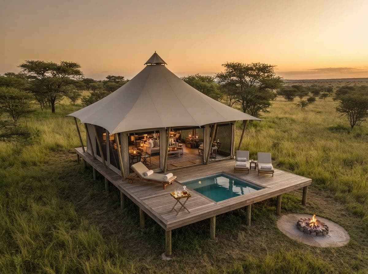 Aerial view at sunset of a canvas Safari Tent suite with a plunge pool and loungers on its timber deck.