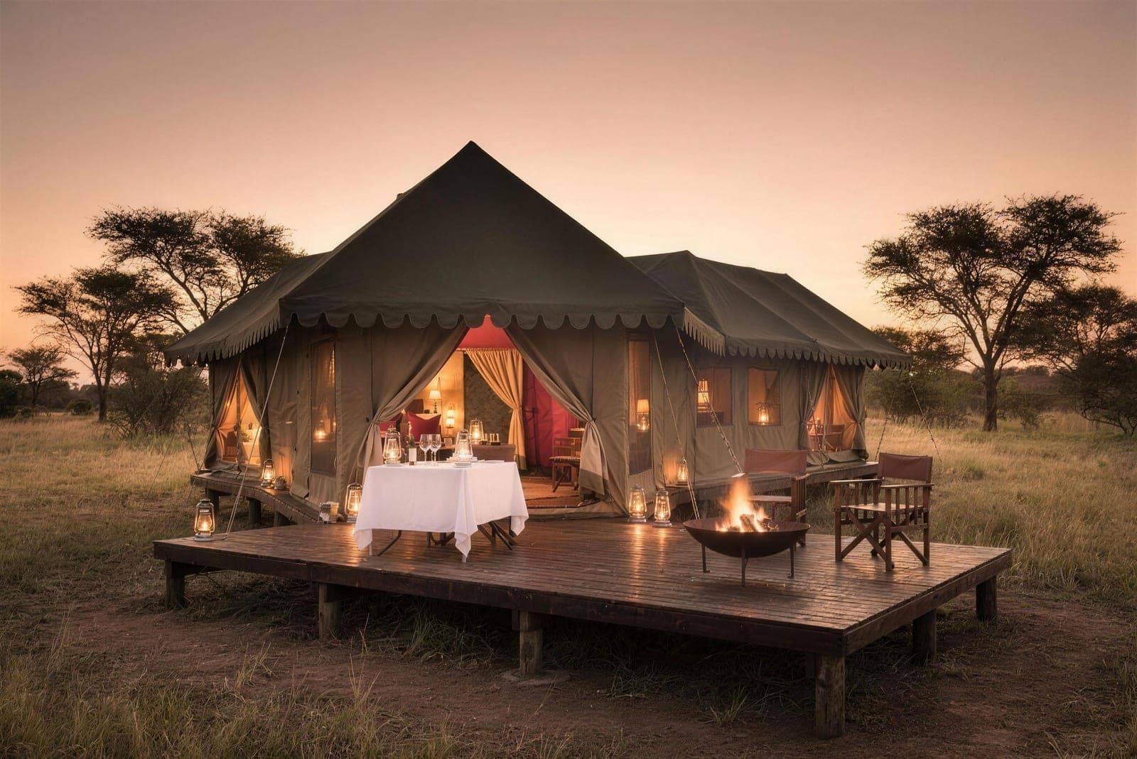 Canvas Safari Tent suite with a scalloped olive roof on a timber deck at sunset, lantern-lit dining table and fire pit.