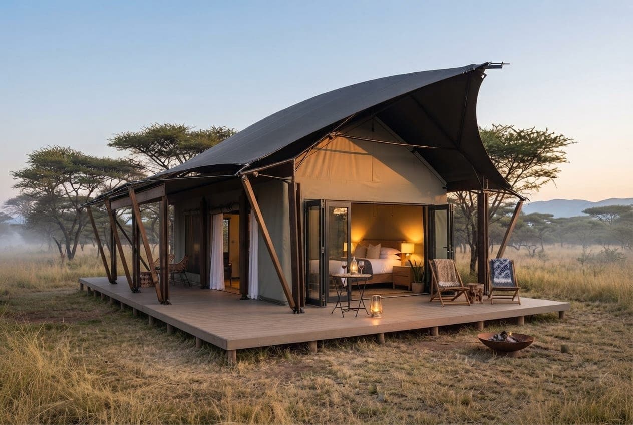 Luxury cream canvas Safari Tent with a charcoal canopy roof on a timber deck at dawn, mist drifting over golden savanna grass.