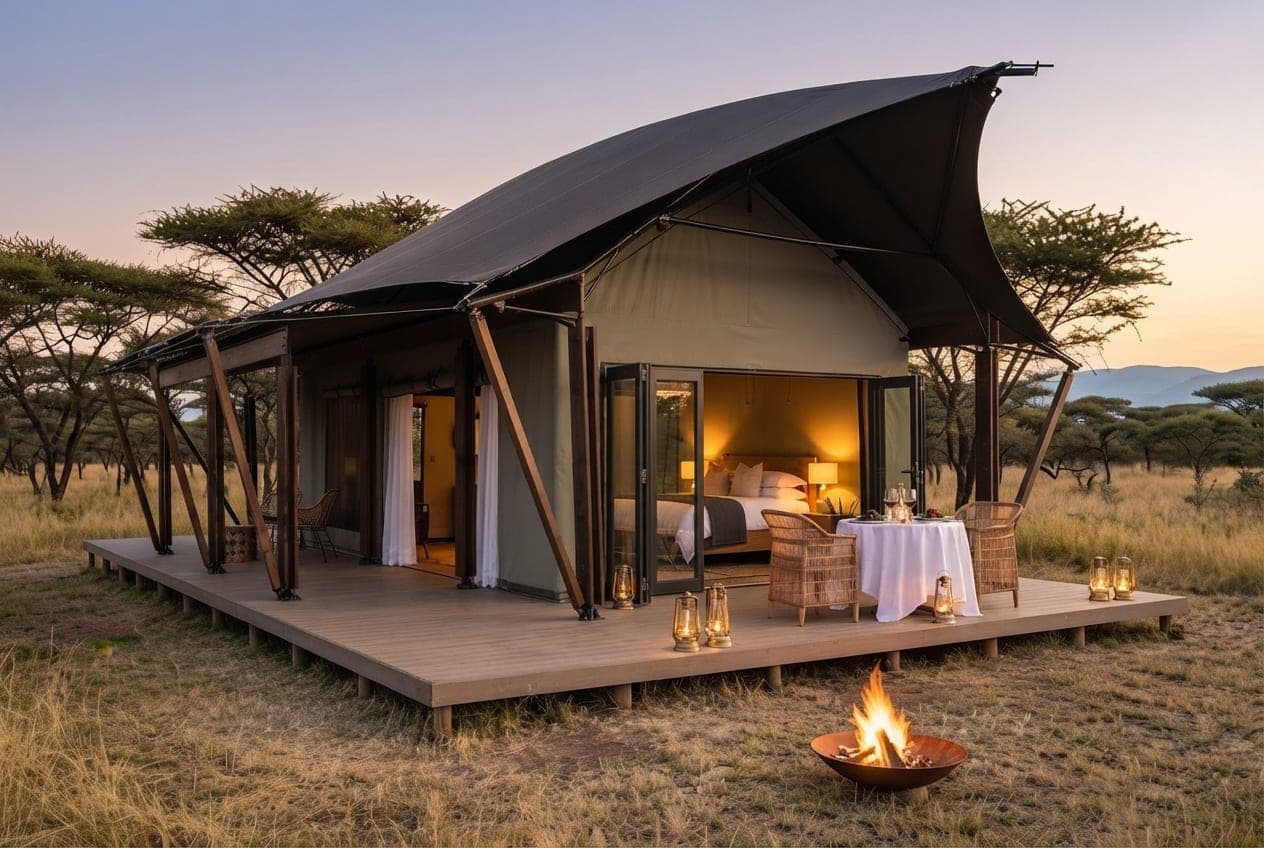 Lantern-lit dinner table for two on the timber deck of a cream canvas Safari Tent at dusk.