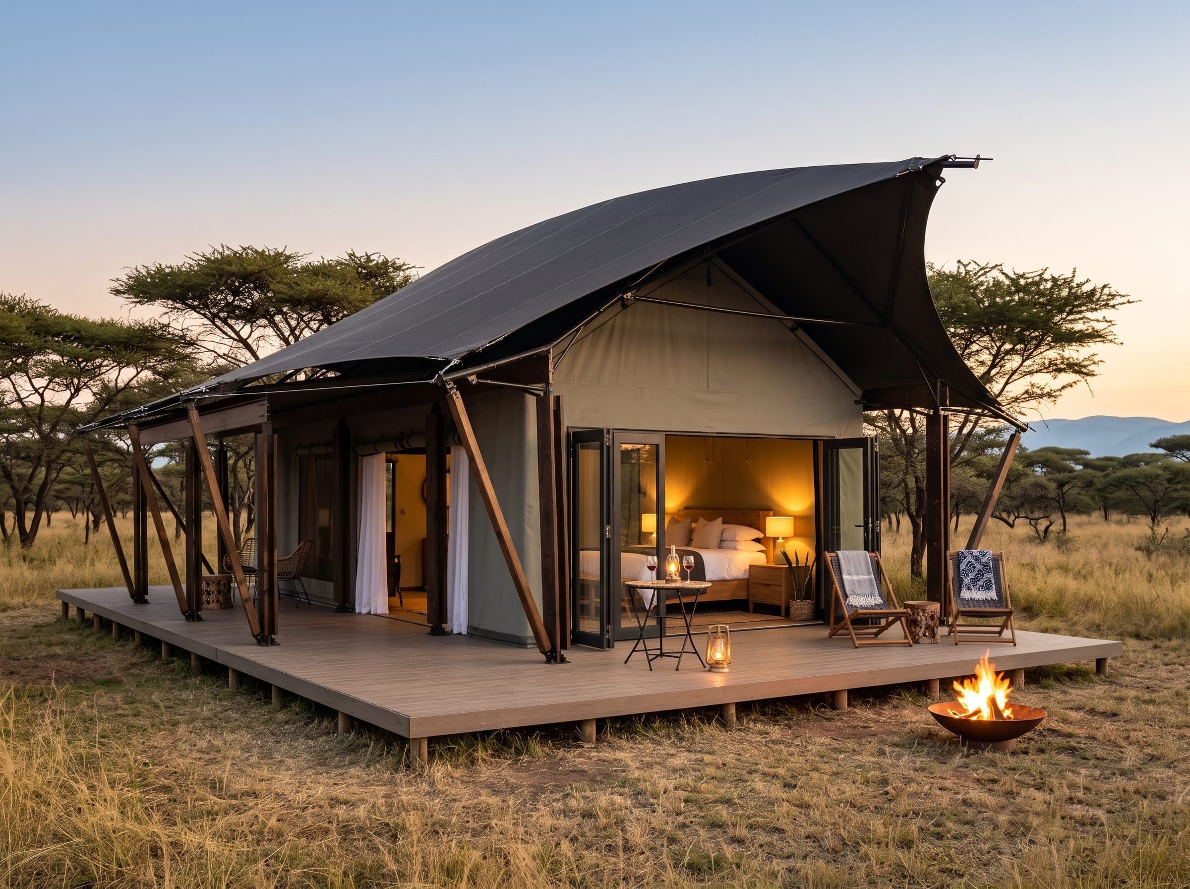 Luxury canvas safari tent suite on a timber deck in golden South African bushveld at sunset.