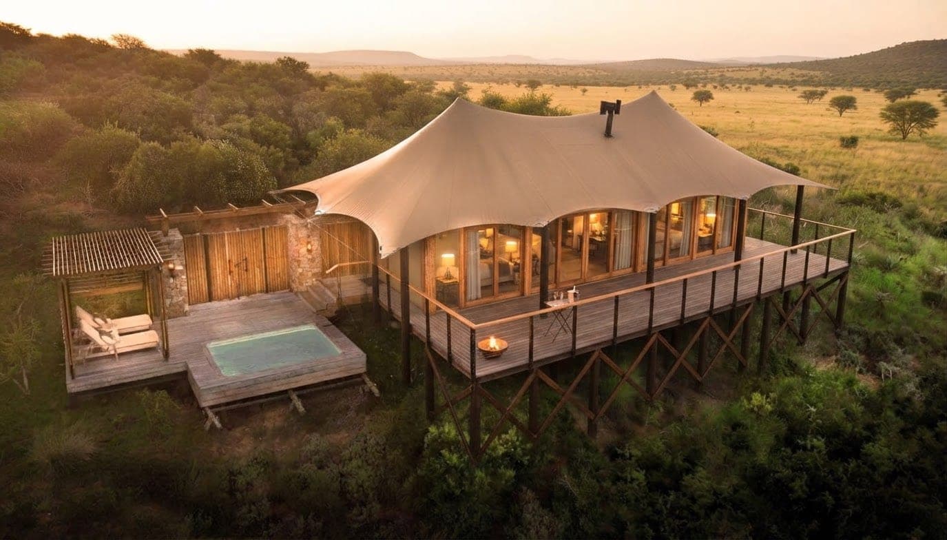 Elevated canvas Safari Tent suite with a glass facade, wraparound deck and plunge pool overlooking a bushveld valley at sunset.