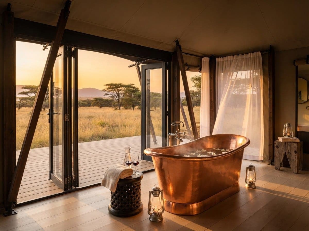 Freestanding copper bathtub with petals and lanterns in a Safari Tent ensuite, bifold doors open to a bushveld sunset.
