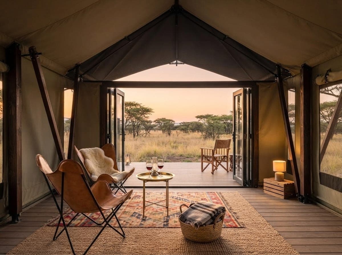 Lounge corner inside a cream canvas Safari Tent with leather butterfly chairs and kilim rugs, bifold doors open to the savanna.
