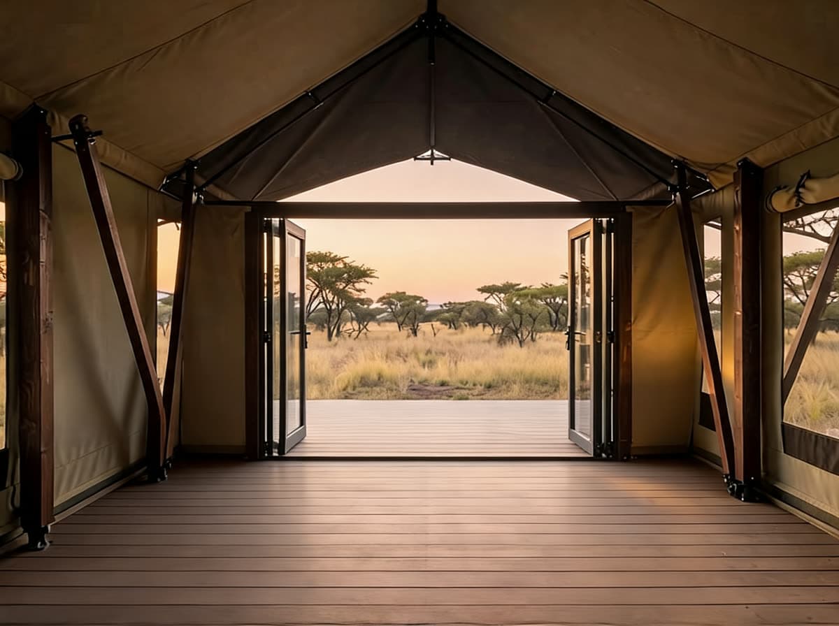 Bare empty Safari Tent interior with canvas walls, timber poles and an empty deck floor opening to the savanna.