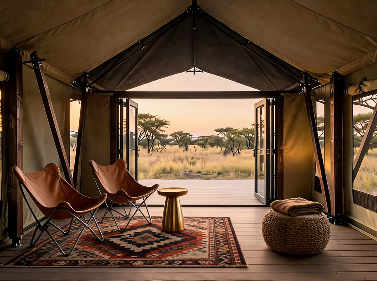 Furnished Safari Tent lounge with leather butterfly chairs, a brass side table, kilim rug and basket ottoman on the same deck.