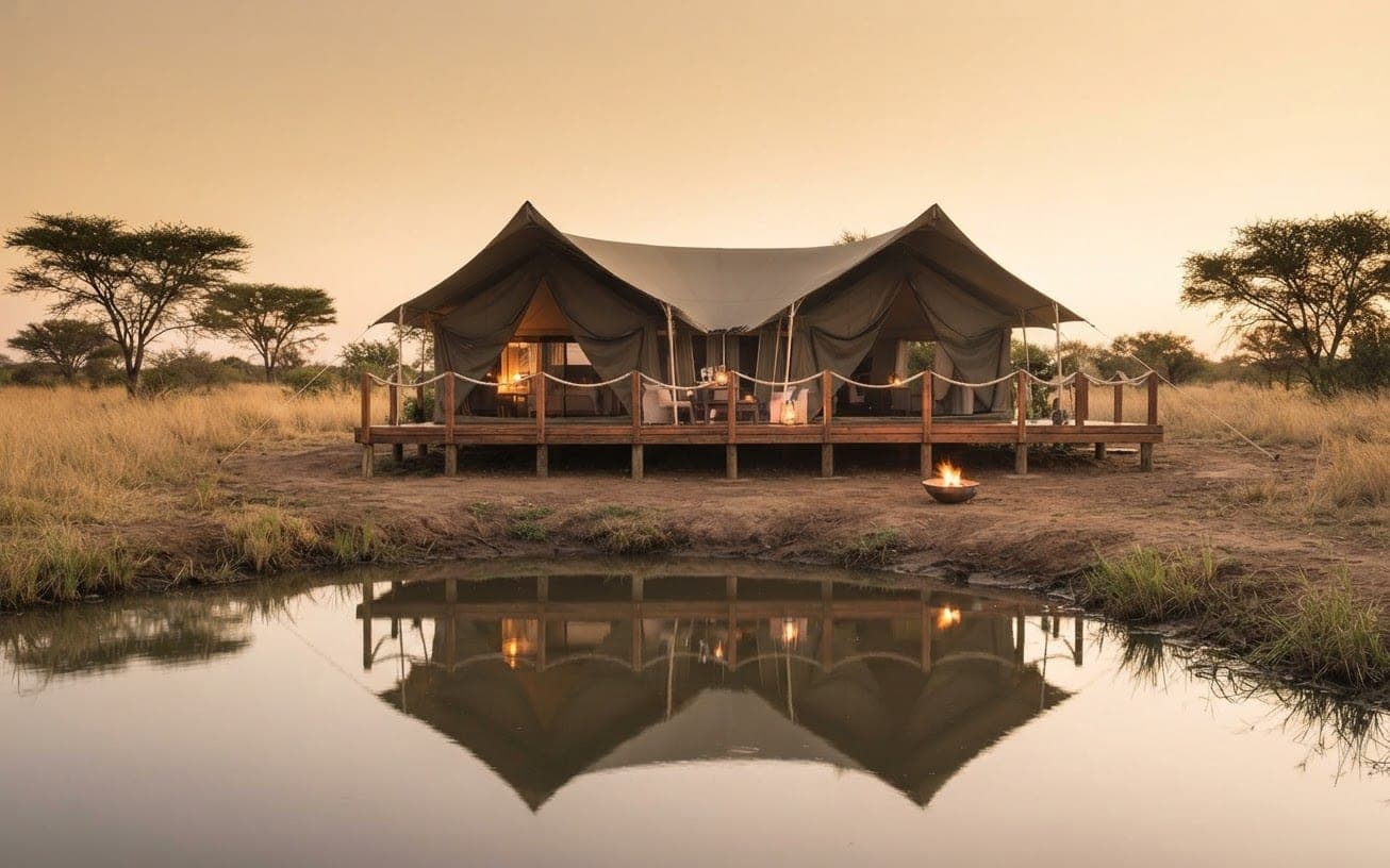 Twin-peaked canvas Safari Tent suite on a timber deck glowing with lantern light at dusk, reflected in a bushveld waterhole.